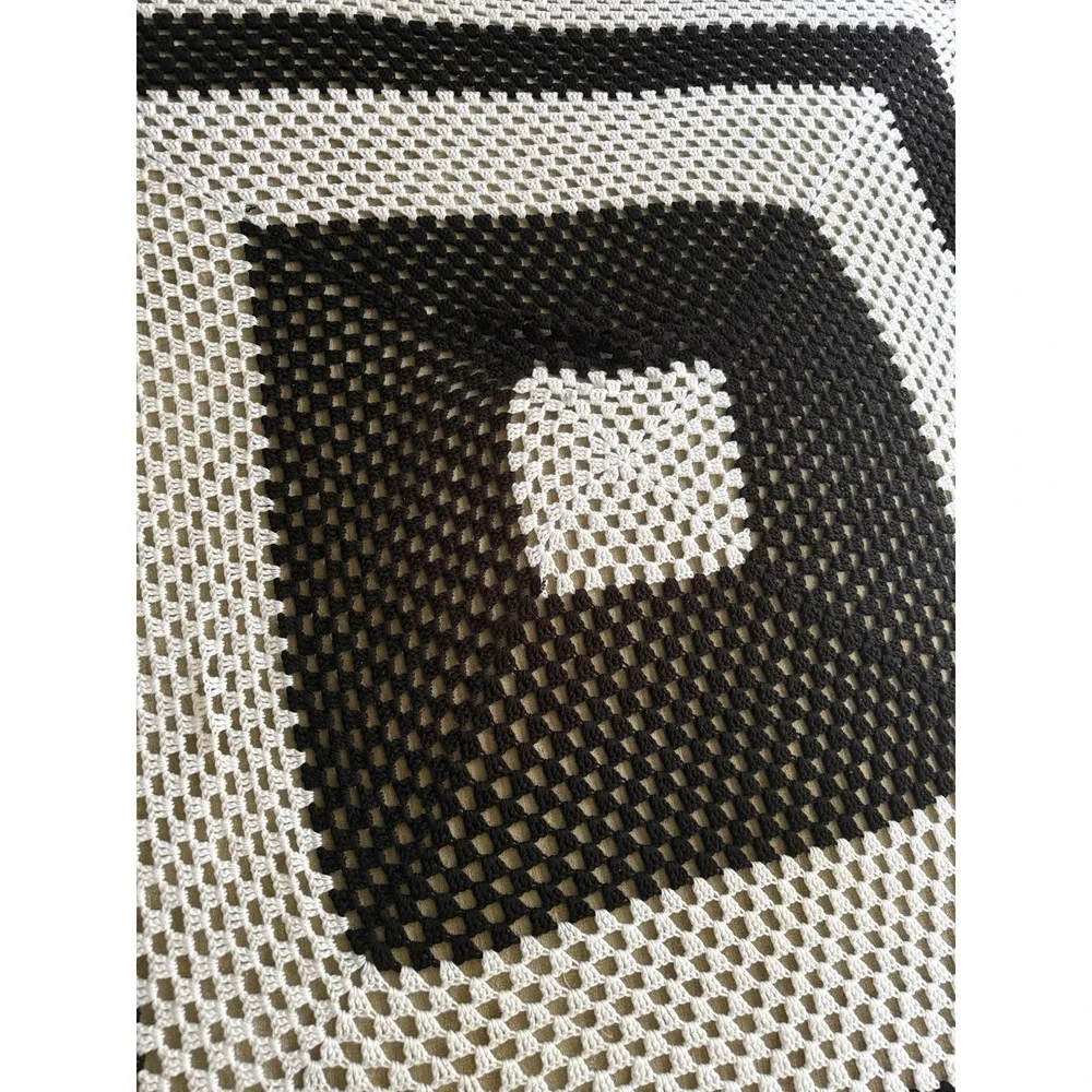 Afghan Crochet Blanket Handmade Granny Square Fringe Tassels Black / White84